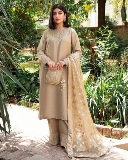 Adorable Beige Pure Georgette With Fancy Embroidery Thread Work Plazo Suit With Dupatta