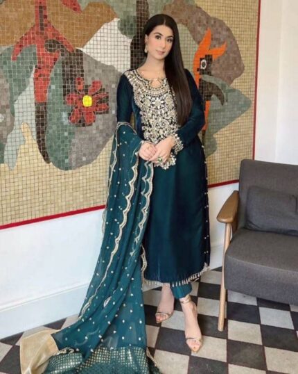 Adorable Blue Micro Velvet With Fancy Embroidery Work Plazo Suit With Dupatta
