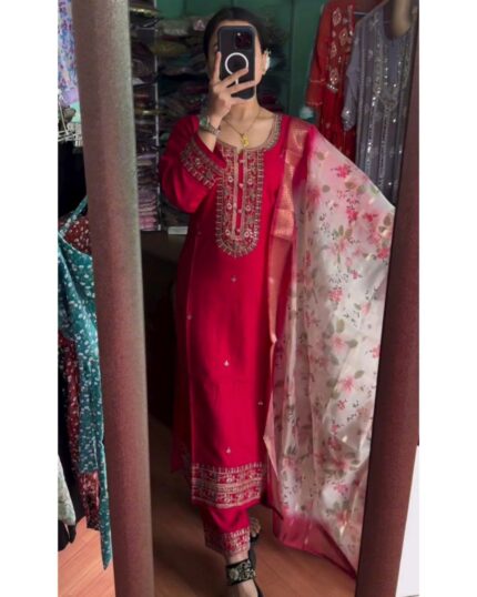 Adorable Chinon Silk With Embroidery Thread Work Plazo Suit With Dupatta