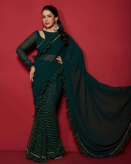 Adorable Green Pure Georgette With Digital Print With Ruffle Work Saree