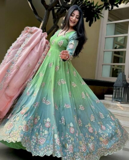 Adorable Green Pure Georgette With Sequence Work Gown Suit With Dupatta