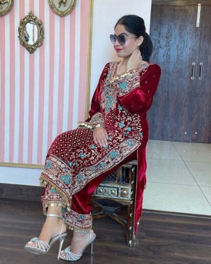 Adorable Maroon Micro Velvet With Fancy Embroidery Work Plazo Suit With Dupatta