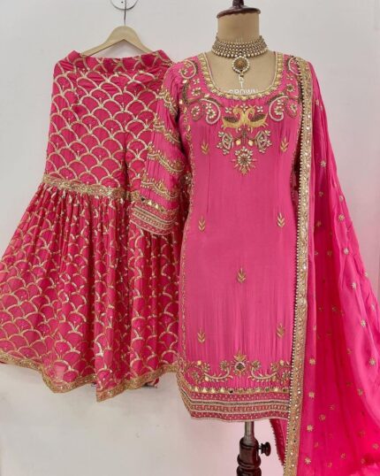 Adorable Pink Chinon Silk With Sequence Work Gharara Suit With Dupatta