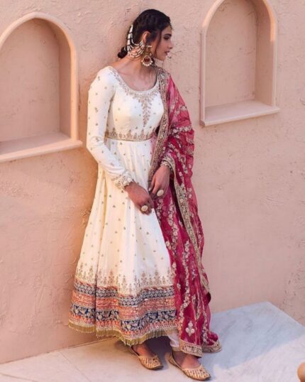 Adorable White Pure Georgette With Sequence Work Gown Suit With Dupatta