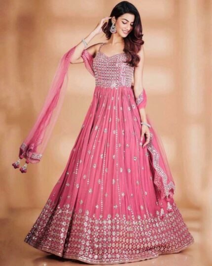 Aglow Rosy Pink Party Wear Heavy Sequence Work Gown