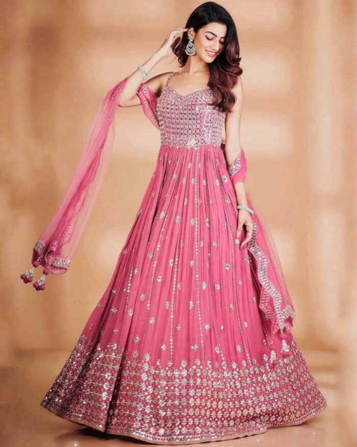 Aglow Rosy Pink Party Wear Heavy Sequence Work Gown
