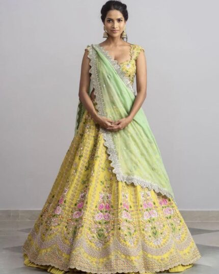 Alluring Baby Yellow Taffeta Silk Flower Embroidery Work Lehenga Choli With Green Dupatta