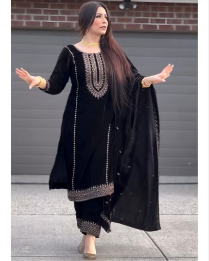 Alluring Black Micro Velvet Thread Work Pakistani Suit With Dupatta
