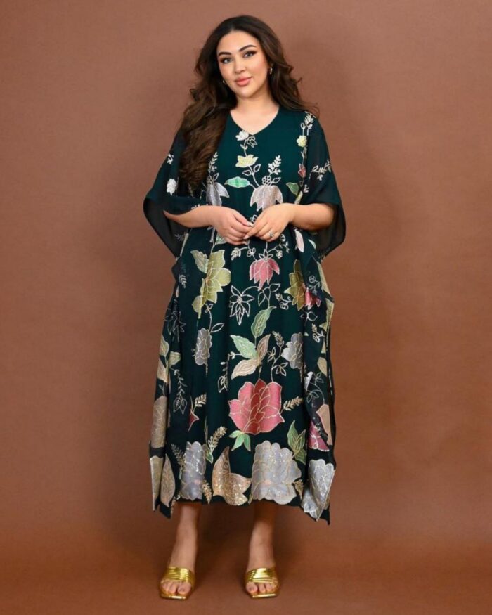Alluring Dark Green Pure Georgette Multi Flower Work Kaftan Suit