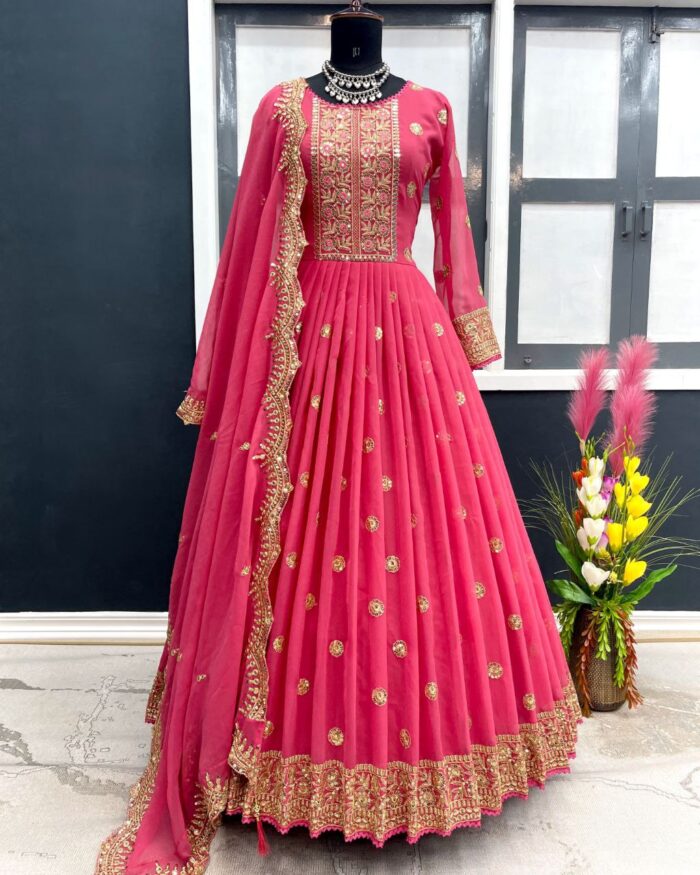 Alluring Gajri Pink Heavy Georgette Embroidery Work Gown With Dupatta