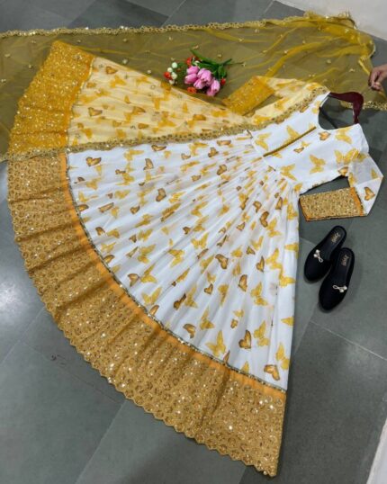 Alluring Heavy Georgette Digital Pint & Handwork Lace Gown With Dupatta