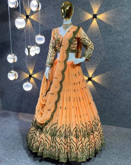 Alluring Orange Peach Heavy Georgette Sequence Work lehenga choli With Dupatta
