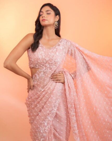 Alluring Peach Silky Georgette Beautiful Sequence Work Saree With Blouse
