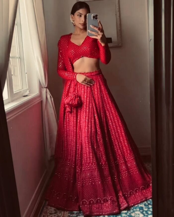 Alluring Red Heavy Pure Georgette Embroidery Work Lehenga Choli With Dupatta