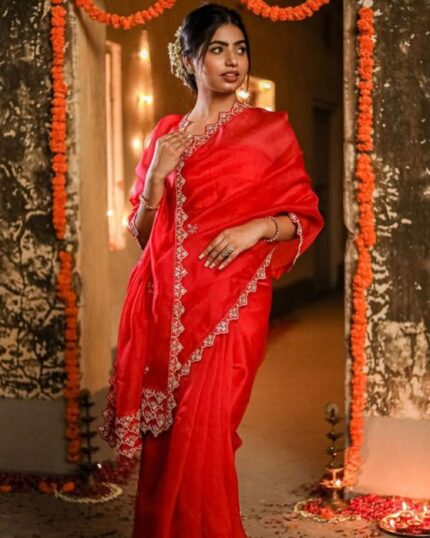 Alluring Red Organza Silk Embroidery Work Saree With Blouse