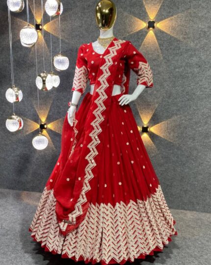 Alluring Red Pure Georgette Embroidery Work lehenga choli With Dupatta