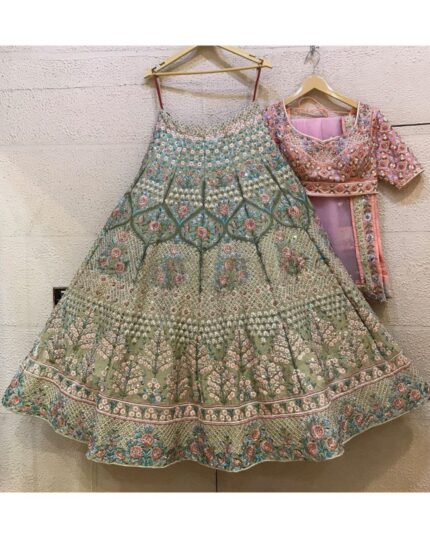 Alluring Sage Green & Peach Embroidered Lehenga Choli With Dupatta