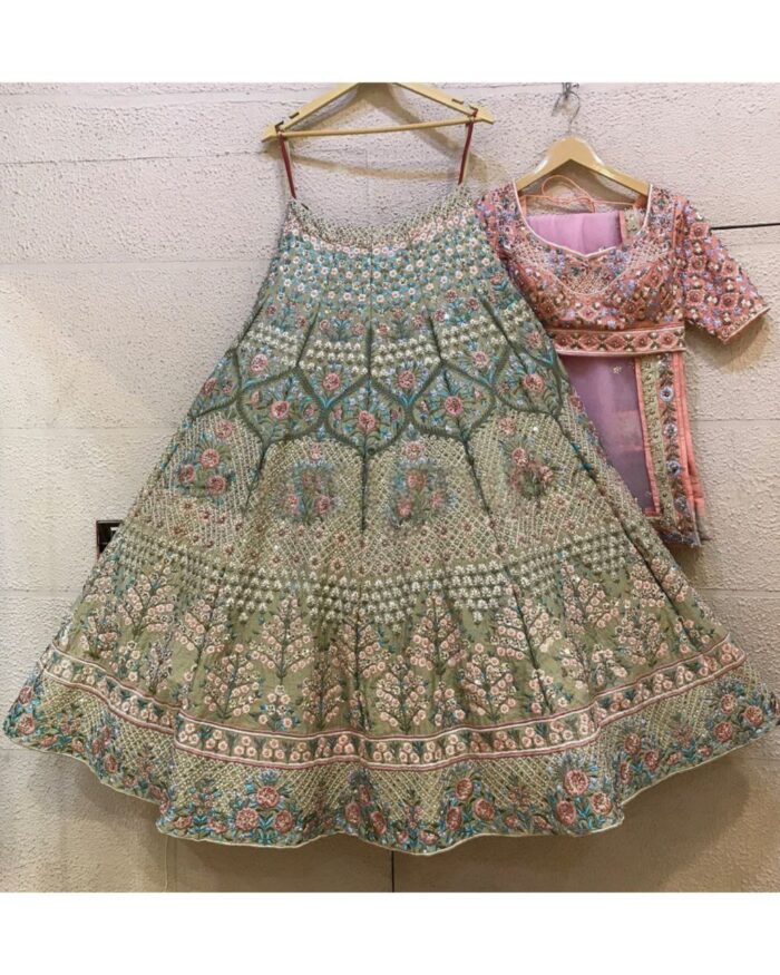 Alluring Sage Green & Peach Embroidered Lehenga Choli With Dupatta