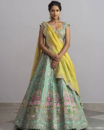 Alluring Sea Green Taffeta Silk Flower Embroidery Work Lehenga Choli With Green Dupatta