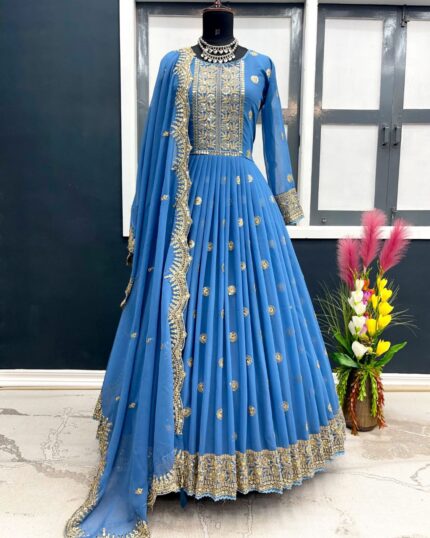 Alluring Sky Blue Heavy Georgette Handwork Lace Gown With Dupatta