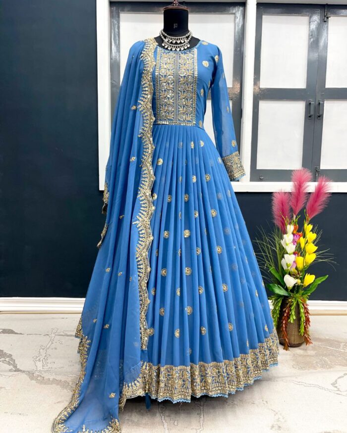 Alluring Sky Blue Heavy Georgette Handwork Lace Gown With Dupatta