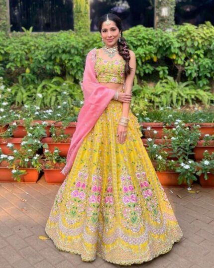 Alluring Yellow Taffeta Silk Flower Embroidery Work Lehenga Choli With Pink Dupatta