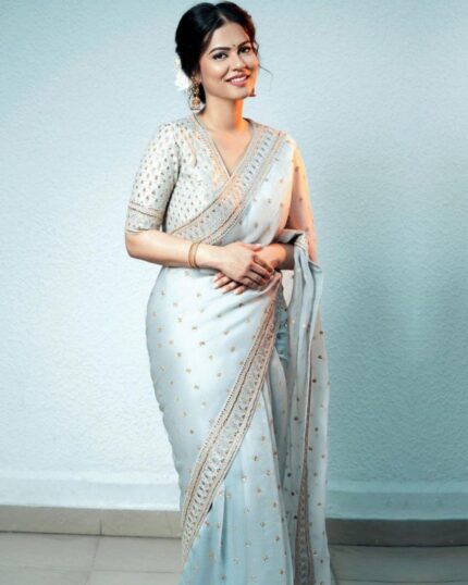 Aqua Organza Silk Cording Dori Work Saree With Blouse