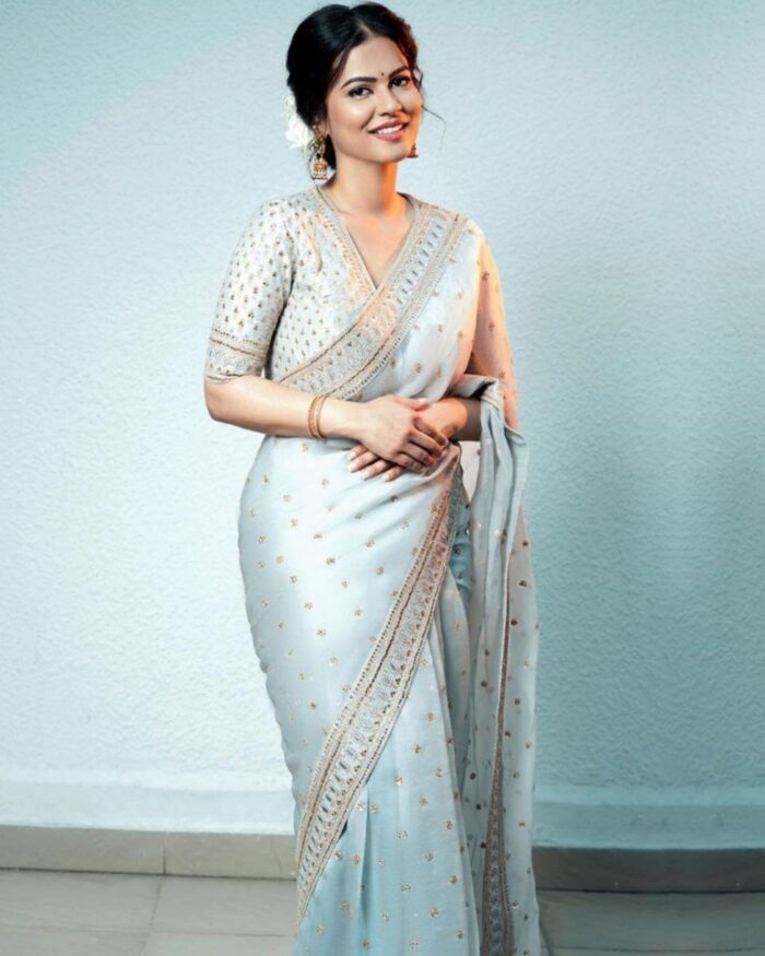 Aqua Organza Silk Cording Dori Work Saree With Blouse