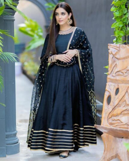 Aromatic Black Dola Silk Cording Dori Work Gown With Dupatta