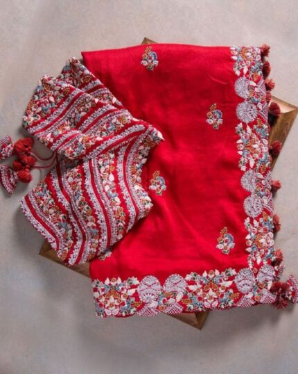 Aromatic Red Rangoli Silk Heavy Embroidery Work Saree With Blouse