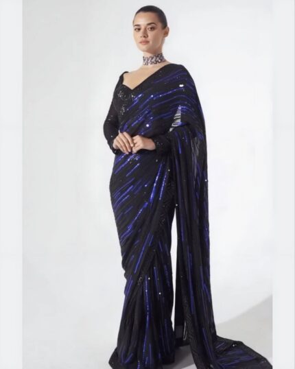 Attractive Black & Blue Georgette Dual Sequence Work Saree With Blouse