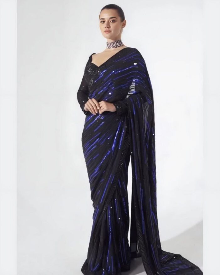 Attractive Black & Blue Georgette Dual Sequence Work Saree With Blouse