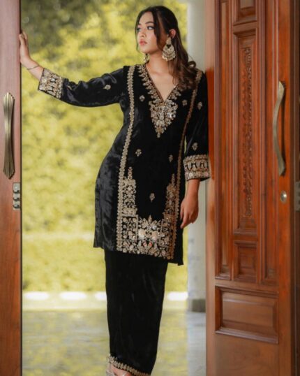 Attractive Black Pure Georgette Micro Velvet Embroidery Work Pakistani Suit