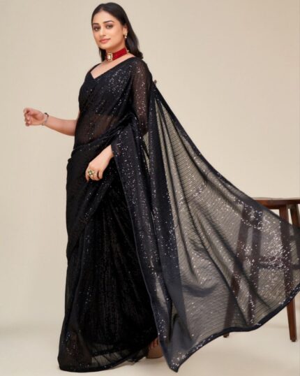 Attractive Black Soft Georgette Sequence Work Saree With Blouse