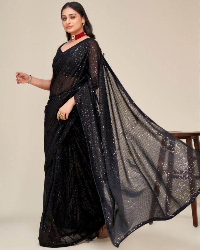 Attractive Black Soft Georgette Sequence Work Saree With Blouse