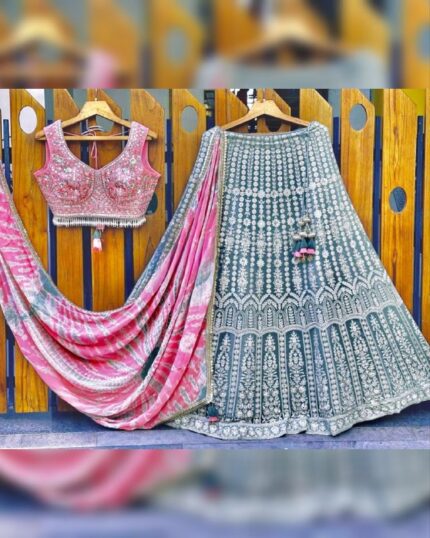 Attractive Grey Fox Georgette Embroidery Work Lehenga Pink Choli With Dupatta