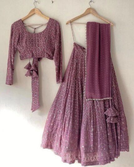 Attractive Lavender Heavy Georgette Embroidery Work Lahenga Choli With Dupatta