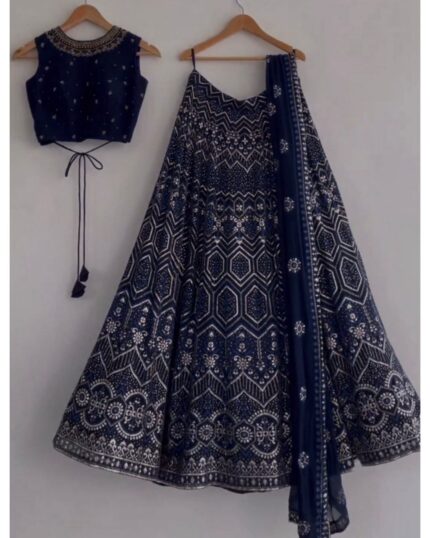 Attractive Neavy Blue Pure Georgette Embroidery Work Lehenga Choli With Dupatta