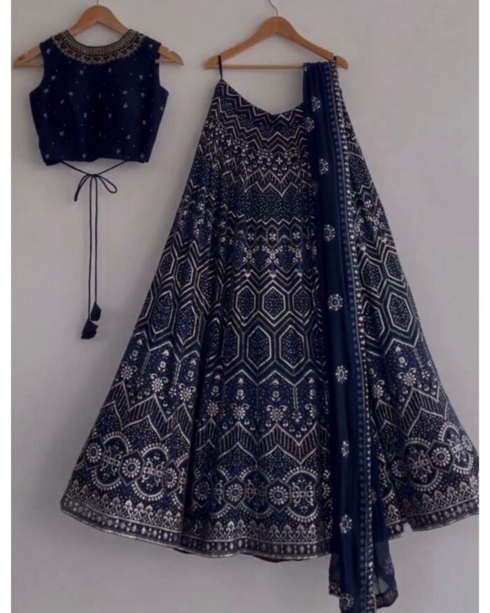 Attractive Neavy Blue Pure Georgette Embroidery Work Lehenga Choli With Dupatta