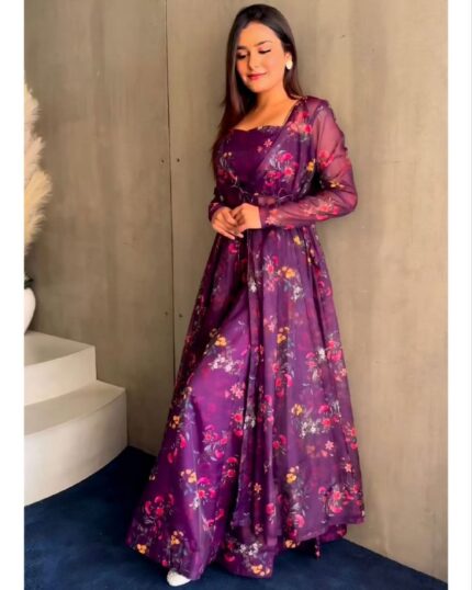 Attractive Purple Organza Digital Print Work Palazo With Blouse And Koti