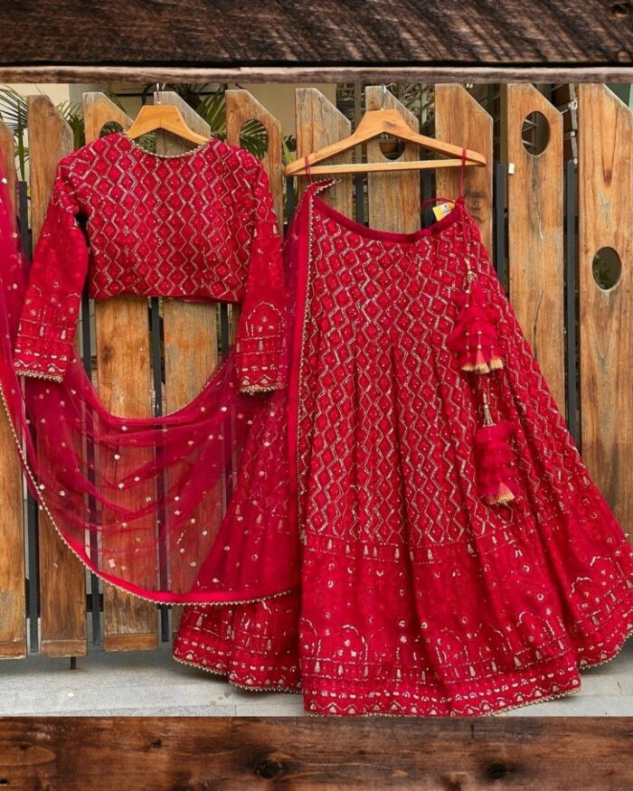 Attractive Red Heavy Georgette Embroidery Work Lahenga Choli With Dupatta