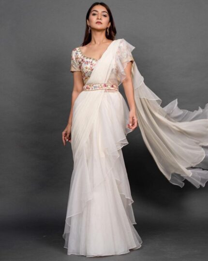 Attractive White Apple Organza Embroidery Work Lehenga Saree With Blouse And Belt