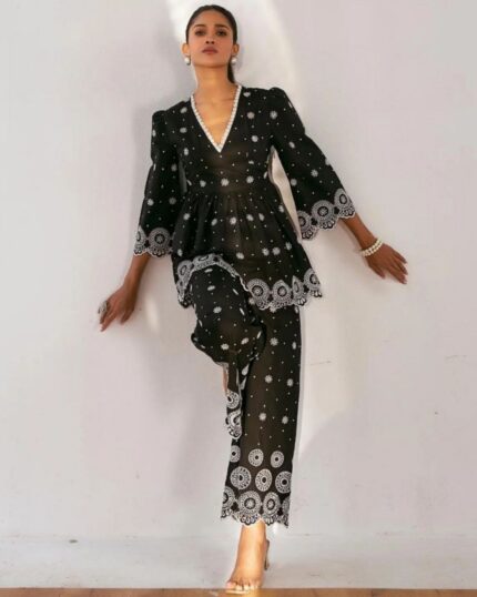 Aurelia Black Mulmul Cotton Bell Bottom Work Palazzo With Top