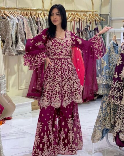 Awesome Butterfly Mono Net Embroidery Work Pakistani Sharara Suit With Dupatta