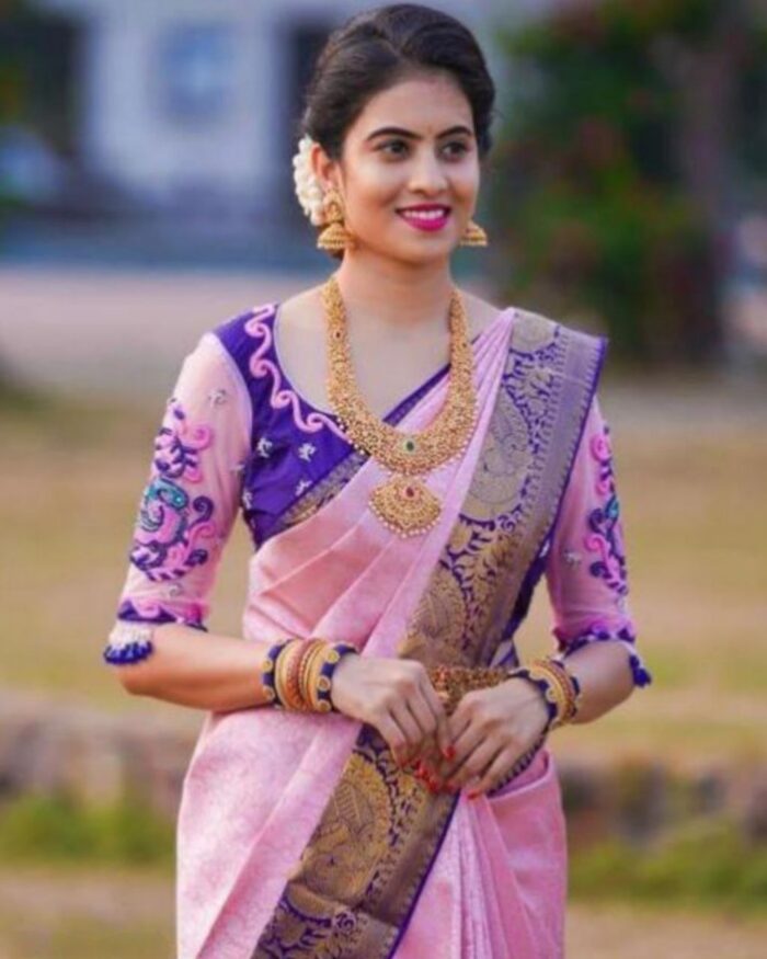 Baby Pink Lichi Silk Banarasi Saree With Blouse