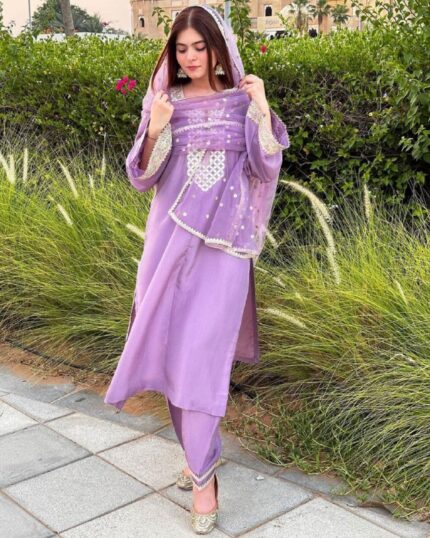 Beautiful Aster Purple Faux Georgette Embroidered Pant Suit With Dupatta