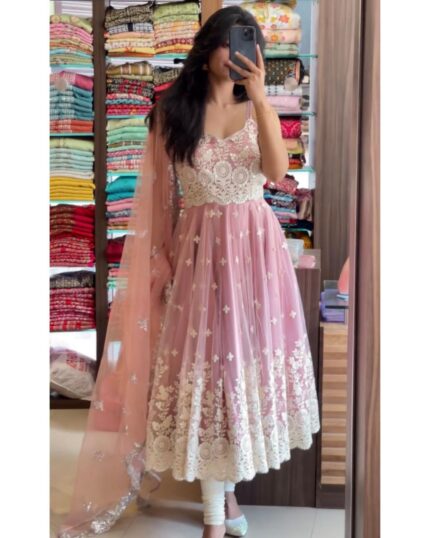 Beautiful Baby Pink Georgette White Embroidery Work Anarkali Suit With Net Dupatta