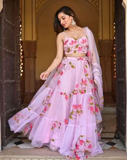 Beautiful Baby Pink Pure Georgette Handpainted Lehenga Choli With Dupatta