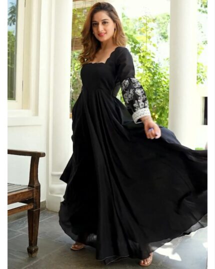Beautiful Black Faux Georgette Embroidery Work Anarkali Gown With Dupatta
