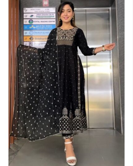 Beautiful Black Faux Georgette Embroidery Work Nayra Cut Suit With Dupatta